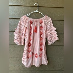 GB Girl Red Pink Stripe Ruffle Sleeve Tunic Dress with Elastic Neckline size M